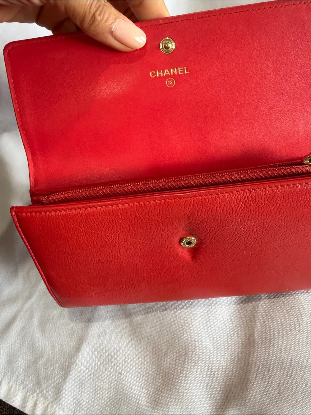 Authentic Chanel Red Lambskin Long Wallet CC Logo Series 26 w/ Added Chain
